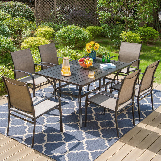 Summit Living 7-Piece Outdoor Dining Set with Textilene Chairs & Umbrella Support, Black & Brown