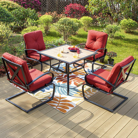 Summit Living 5-Piece Outdoor Dining Set, C-Spring Cushioned Chairs with Rocking-Motion, Black & Red