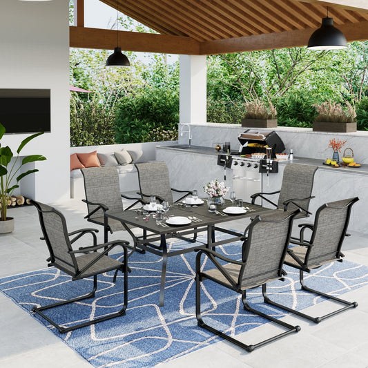 MF Studio 7-Piece Outdoor Patio Dining Set with 6 C-Spring Rocking Chairs&1 Metal Steel Table,Gray