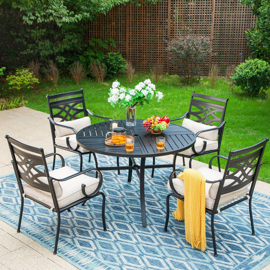 Summit Living 5-Piece Outdoor Dining Set, All-Weather Metal Furniture with Cushioned Chairs & Round Table, Black & Beige