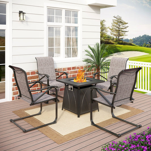 Summit Living 5-Piece Gas Fire Pit Table Set with 1 Piece 50,000 BTU Gas Fire Pit Table and 4 Pieces C Spring Textilene Chairs