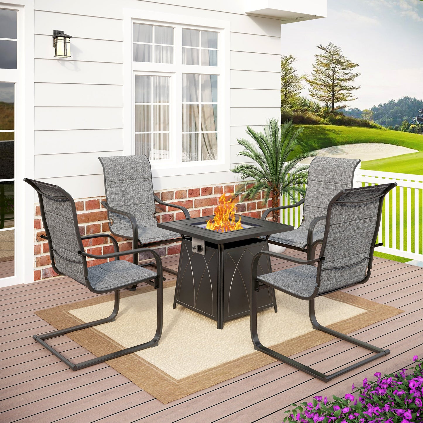 Summit Living 5-Piece Gas Fire Pit Table Set with 1 Piece 50,000 BTU Gas Fire Pit Table and 4 Pieces C Spring Chairs