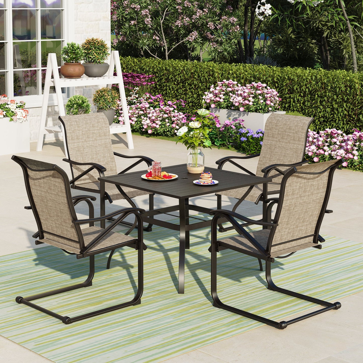 Summit Living 5 Pieces Outdoor Patio Dining Set with 4 Pieces C-Spring Sling Chairs and 1 Piece Square Metal Dining Table,Black&Gray