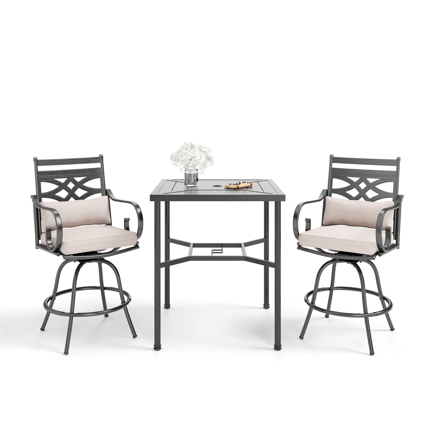 Summit Living 3-Piece Outdoor Swivel Bar Stool Bistro Set, 2 Patio Bar Stool Height Chairs with Cushion&Backrest and 1 Metal Bar Table, Black&Beige