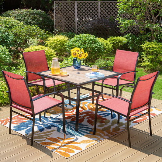 Summit Living 5-Piece Outdoor Dining Set with Textilene Chairs & Wood Grain Table, Black & Red