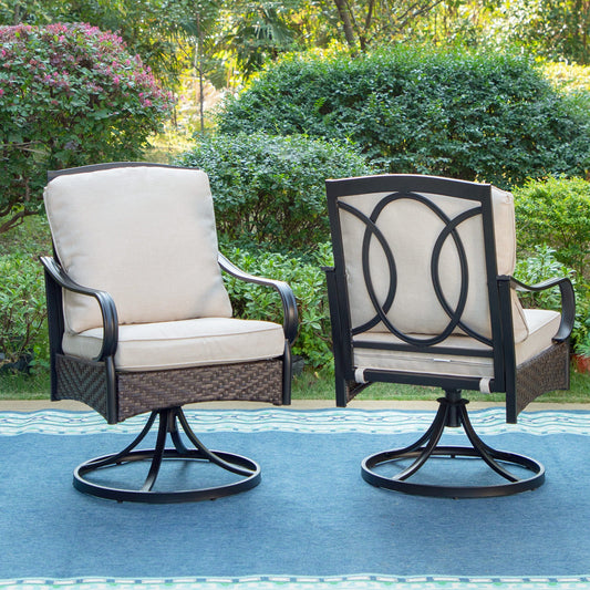 Summit Living 2-Piece Outdoor Swivel Dining Chairs with Wicker Frame & Cushions, Black & Beige