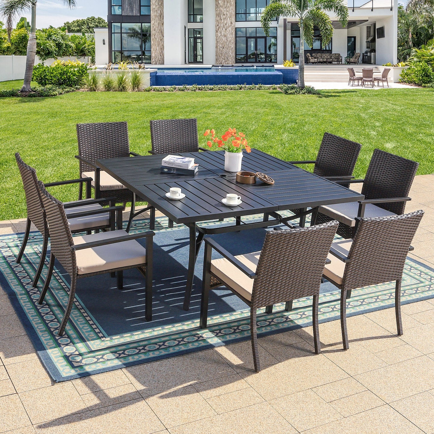 MF Studio 9-Piece Outdoor Dining Set with Large Square Table&Wicker Chairs for 8-Person, Black