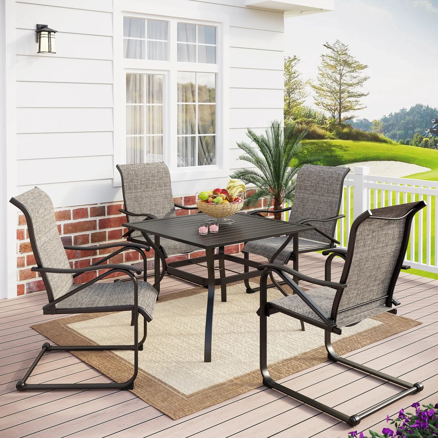 MF Studio 5-Piece Outdoor Dining Set with 4 Pieces Patio C-Spring Dining Chairs and 1 Piece Metal Square Dining Table,Gray