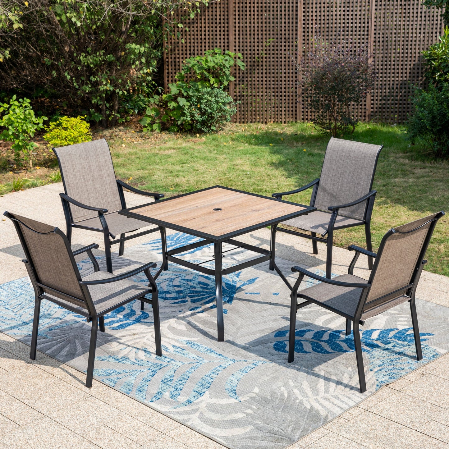 Summit Living 5-Piece Outdoor Dining Set with Textilene Chairs & Wood Grain Table, Black & Gray Brown