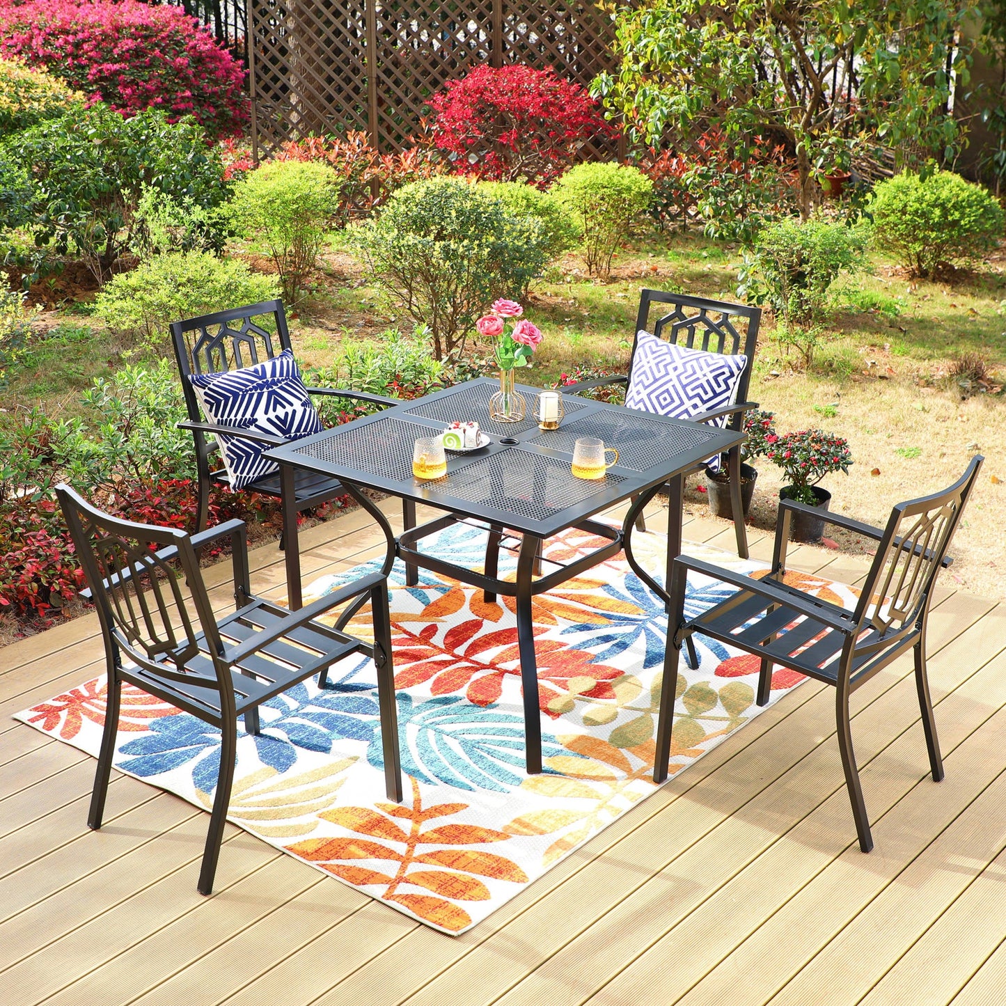 Summit Living 5-Piece Outdoor Dining Set, All-Weather Metal Furniture with Stack-able Chairs & Mesh Top Table, Black