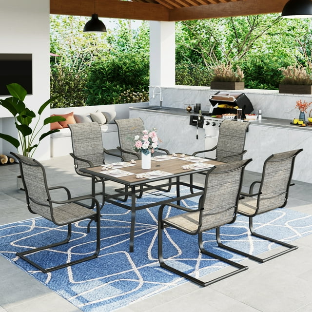 MF Studio 7 Pieces Outdoor Patio Dinning Set with 6 Textilene C Spring Chairs and 1 Metal Dining Table with PVC Tabletop, Black&Gray