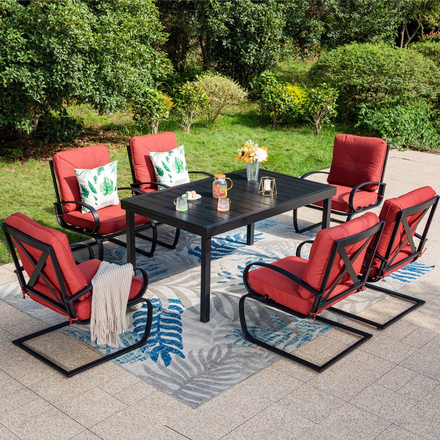 Summit Living 7-Piece Outdoor Dining Set with Expandable Table & Rocking Motion Chairs£¬ Black & Red