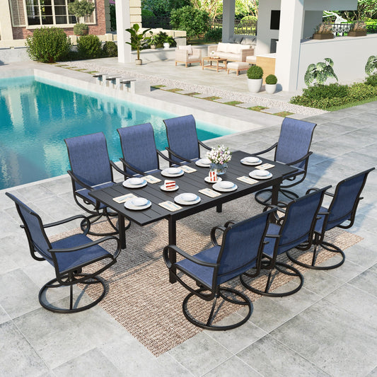 MF Studio 9-Piece Outdoor Patio Dining Set Modern Metal Furniture with 360-Degree Swivel Padded Chair & Large Extendable Table for Dinner & Party, Black & Blue