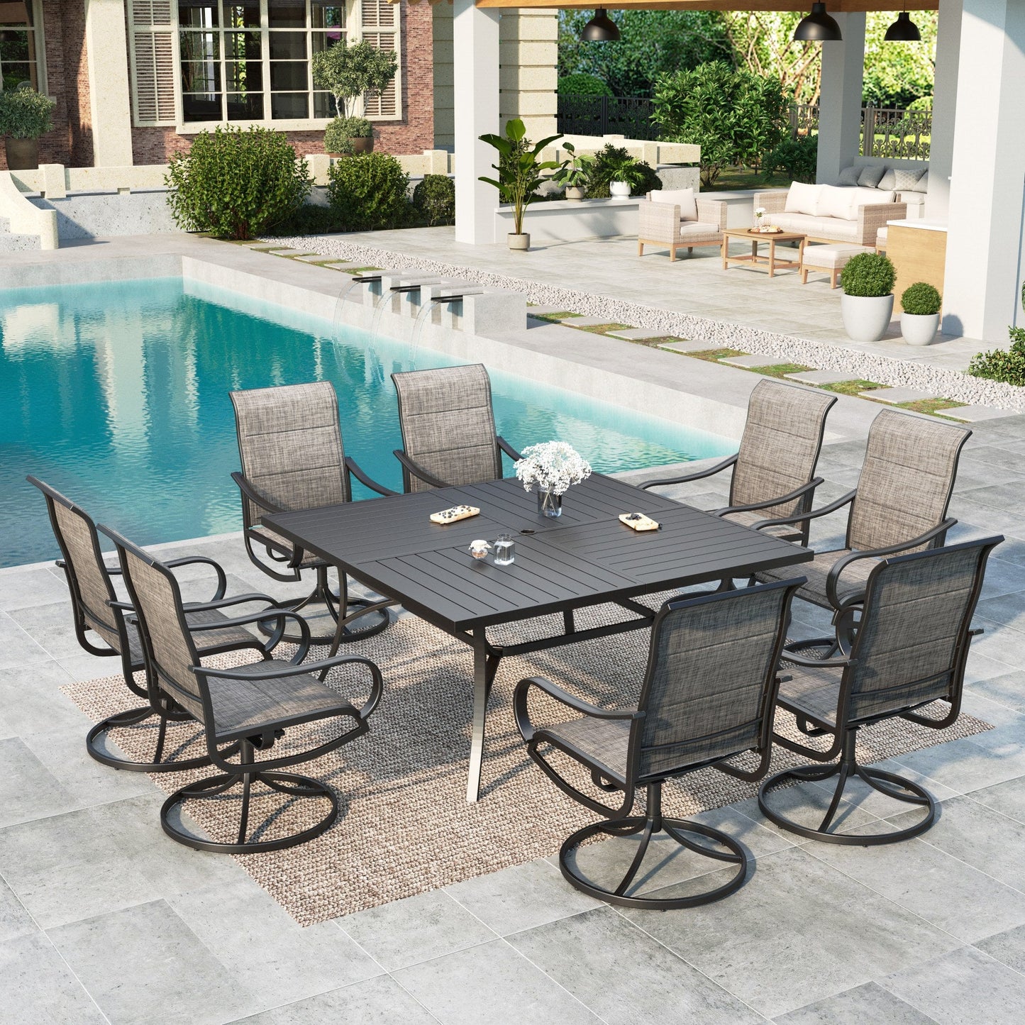 MF Studio 9-Piece Outdoor Dining Set with Large Square Table & Swivel Padded Chairs for 8-Person, Black & Gray