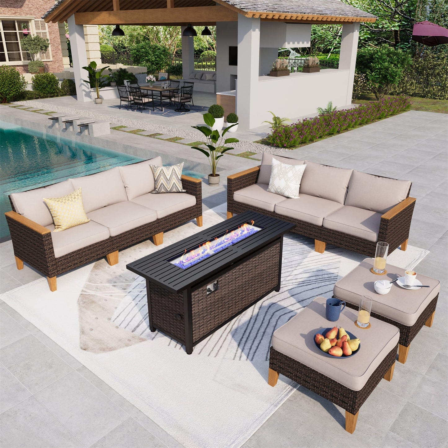 Summit Living 9 Pieces Patio Furniture Set with 56-Inch Fire Pit Table Wicker Patio Conversation Set Beige