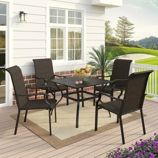 MF Studio 5 Pieces Outdoor Patio Dining Set with 4 High Back Rattan Chairs and 1 Metal Dining Table, Black&Brown