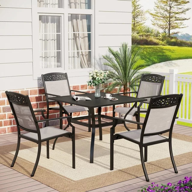 MF Studio 5-Piece Outdoor Patio Dining Set with 4 Pieces Cast Aluminum Stackable Armchairs and 1 Piece Metal Steel Dining Table,Black&Beige