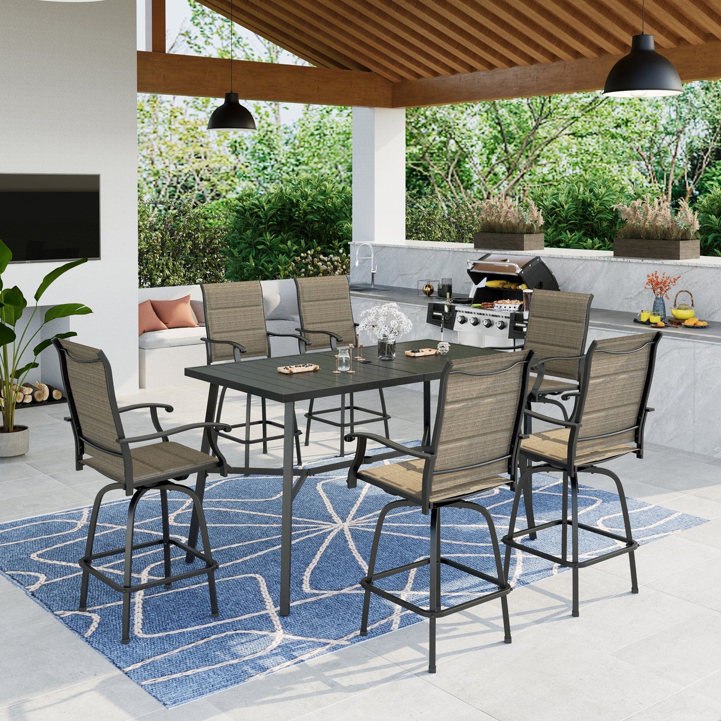 Summit Living Outdoor Swivel Bar Stool Set of 7, 6 Patio High-back Padded Textilene Height Chairs and 1 Metal Bar Table, Black&Brown