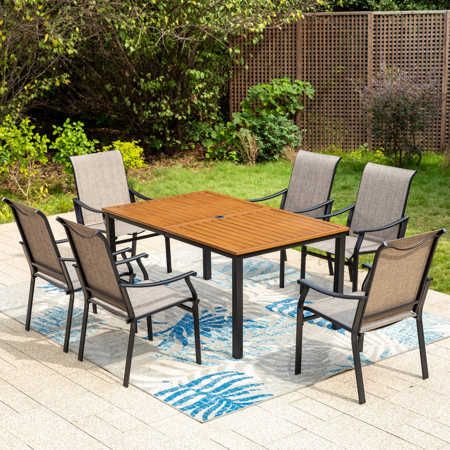 Summit Living 7-Piece Outdoor Dining Set with Textilene Chairs & Rectangle Wood-Like Table, Black & Gray Brown