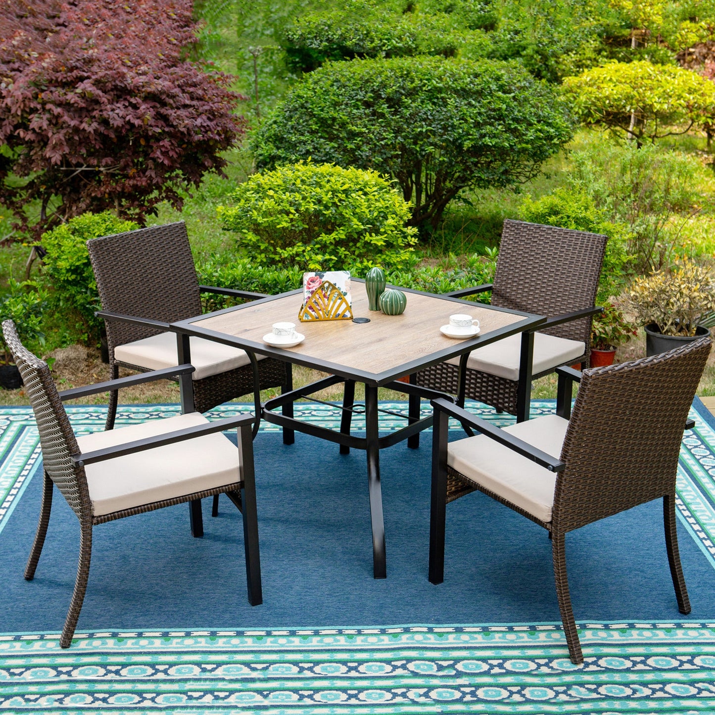 MF Studio 5-Piece Outdoor Patio Dining Set with 4 PCS Rattan Cushioned Armchairs& 1 PC Square Table, Dark Brown