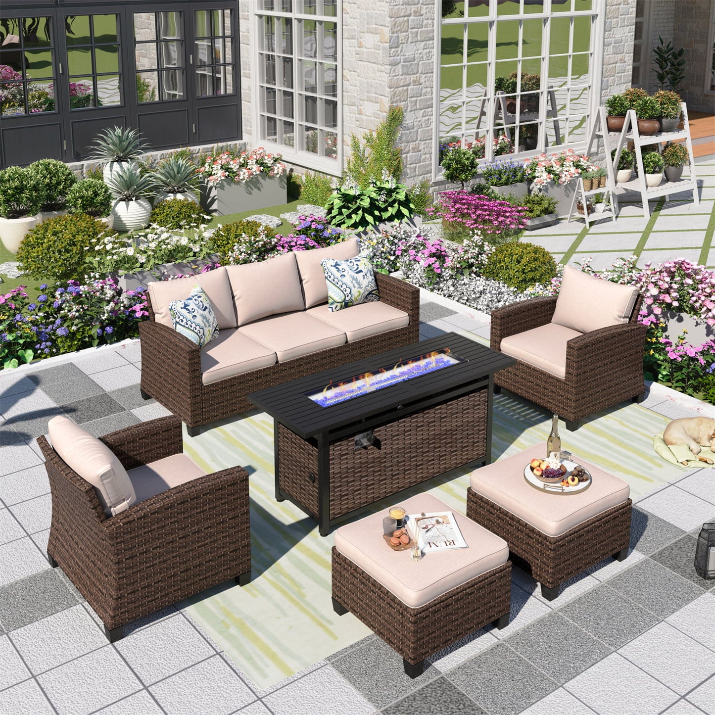 Summit Living 7 Seat Patio Conversation Set with Fire Pit Beige