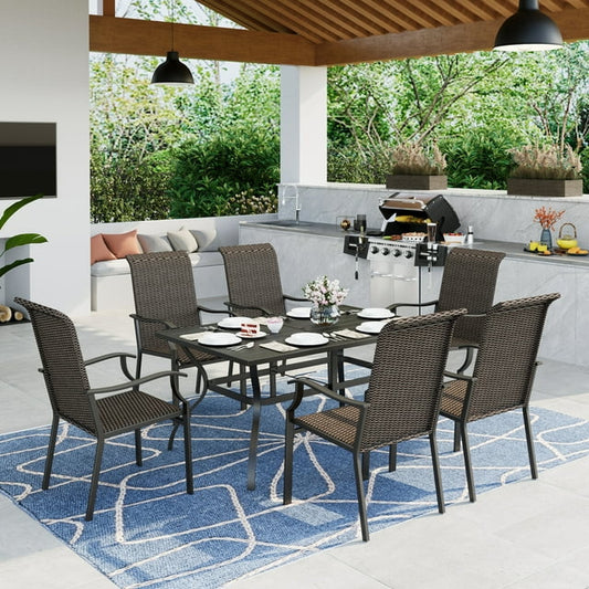 MF Studio 7-Piece Outdoor Patio Dining Set with Metal Rectangular Dining Table and 6 High Back Rattan Chairs, Black&Brown