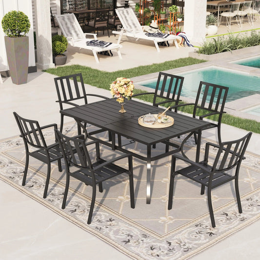 Summit Living 7-Piece Outdoor Dining Set, Patio Metal Dining Set with Slat Table Top,All Weather Furniture Sets with Umbrella Hole, Black