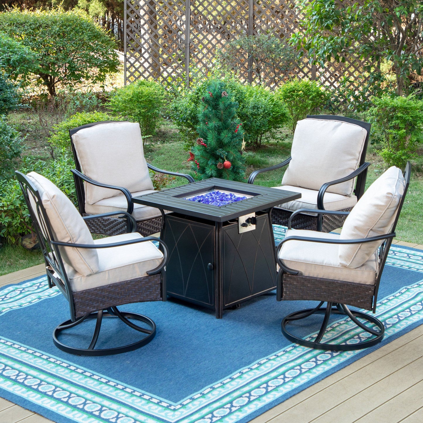 MF Studio 5-Piece Patio Conversation Set with Fire Pit Table & Swivel Wicker Cushioned Chairs, Black & Beige