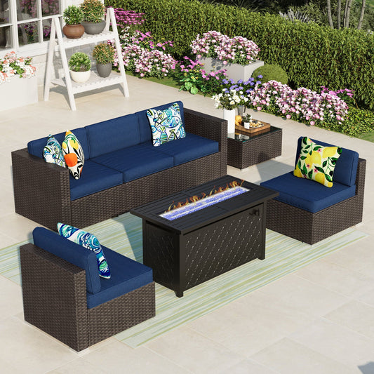 MF Studio 7 Piece Patio Conversation Set with Fire Pit Table Navy Blue