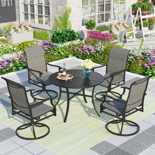 Summit Living 5-Piece Outdoor Dining Set,4 High-Back Swivel Chairs with Padded&1 Round Steel Table with Umbrella Hole,Black&Gray