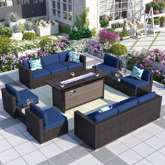 MF Studio 13 Pieces Outdoor Patio Furniture Set with 56-Inch Fire Pit Table Wicker Patio Conversation Set, Navy Blue