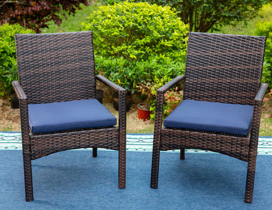 MF Studio 2 Piece Outdoor Patio Rattan Dining Chair with Navy Blue Cushions Dark Brown