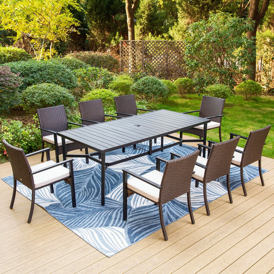 MF Studio 9-Piece Outdoor Patio Dining Set with 8 Wicker Cushioned Chairs & Large Table for 8-Person, Black & Dark Brown