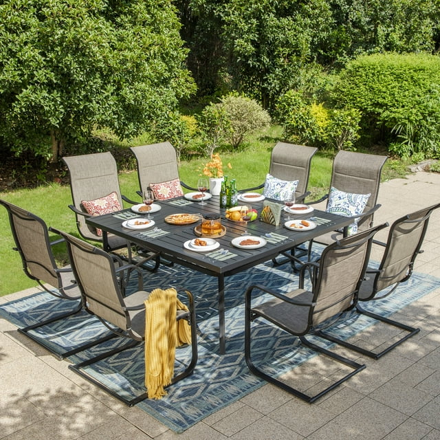 Summit Living 9 Pieces Outdoor Dining Set with 8 Textilene C Spring Motion Chairs & 1 Large Square Metal Dining Table, Black&Gray