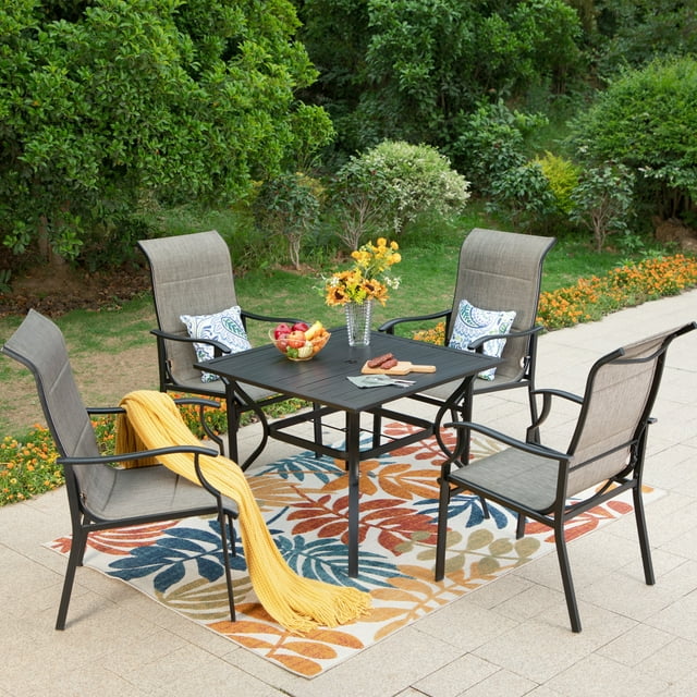 MF Studio 5-Pieces Outdoor Patio Dinning Set with 4 Padded Textilene Chairs and 1 Metal Steel Table, Black&Gray