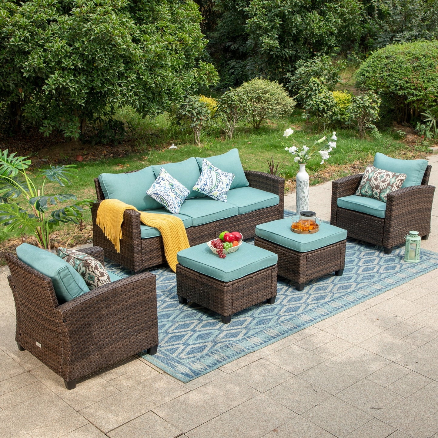 MF Studio 7 Seater Outdoor Patio Conversation Set Wicker Sectional Furniture Sofa Set Blue