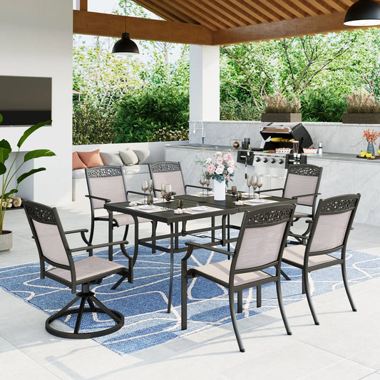 MF Studio 7-Piece Outdoor Patio Dining Set with 6 Aluminum Textilene Armchairs&1 Metal Steel Table,Black&Beige