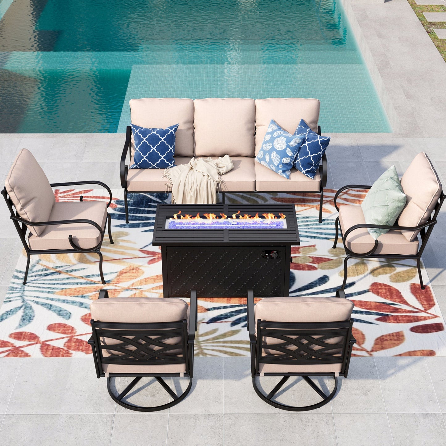 Summit Living 7-Seat Outdoor Conversation Set with Fire Pit Table, 3-Seat Sofa, Two Swivel Chairs & Two Single Chairs, 50,000 BTU, Black & Beige