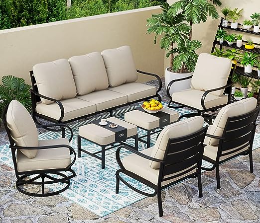 Summit Living 7 Pcs Outdoor Conversation Set, Patio Metal Furniture Sofa Set for 9 Person with Beige Cushion