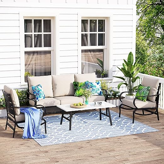 Summit Living 4 Pieces Patio Conversation Set Outdoor Metal Furniture Sectional Sofa for 5 People with Beige Cushion