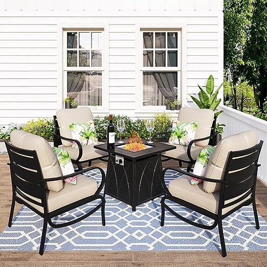 Summit Living 5 PCS Outdoor Furniture with 28 Fire Pit Table Patio Conversation Set for 4 People, Beige Cushion