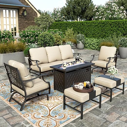 Summit Living 6 Pieces Patio Conversation Set with 45" Rectangle Fire Pit, Outdoor Furniture Metal Sofa, Beige Cushions