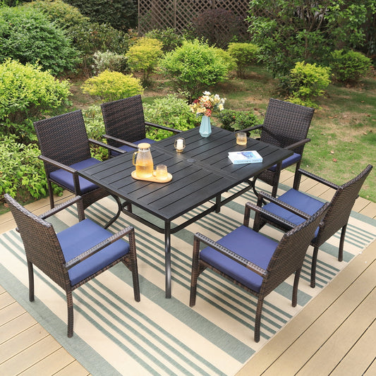 MF Studio 7 Piece Outdoor Patio Dining Sets with 1 PC Rectangle Metal Table and 6 PCS Rattan Cushioned Chairs Navy Blue