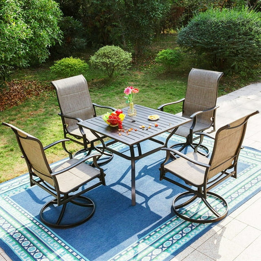 MF Studio 5 Piece Outdoor Patio Dining Set with High-Back Swivel Chairs & Metal Steel Square Table, Black & Gray Brown