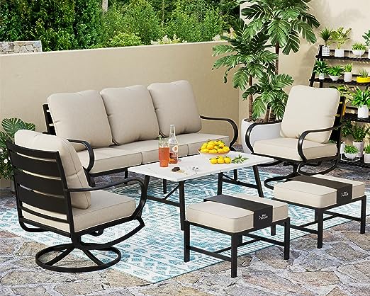 Summit Living 6 PCS Outdoor Conversation Set for 7 People, Steel Patio Furniture Sectional Sofa Set with Beige Cushion