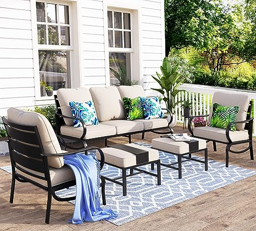 Summit Living 5 Piece Patio Conversation Set for 7 Person, Steel Sofa Outdoor Furniture Set, Beige Cushion