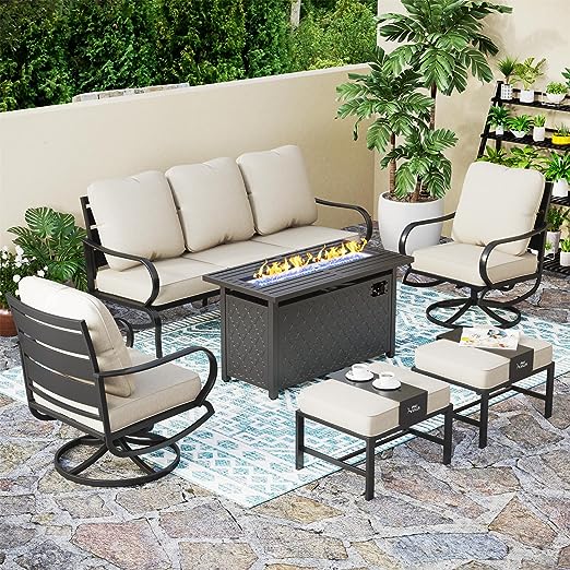 Summit Living 6 Pieces Patio Conversation Set with 45" Rectangle Fire Pit, Outdoor Metal Furniture Sofa for 7 Person, Beige Cushions