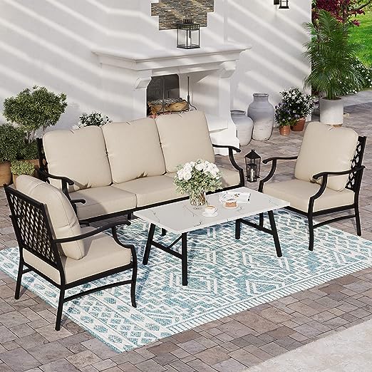 Summit Living 5-Seat Outdoor Conversation Set, Patio Furniture Metal Sectional Sofa with Beige Cushion