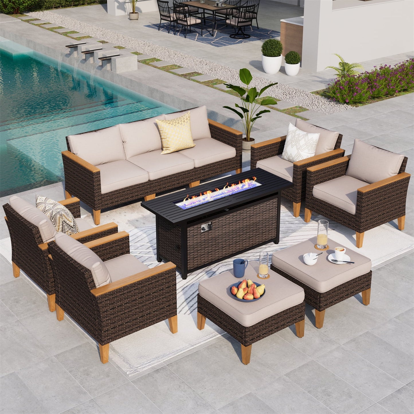 Summit Living 10 Pieces Patio Furniture Set with 56-Inch Fire Pit Table Wicker Patio Conversation Set Beige