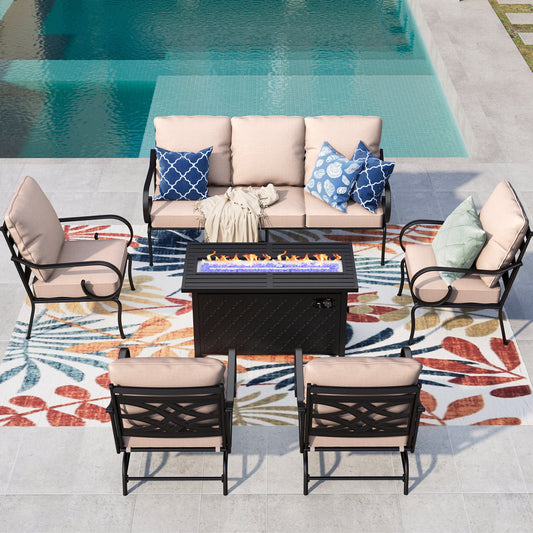 Summit Living 7-Seat Outdoor Conversation Set with Fire Pit Table, 3-Seat Sofa, Two Rocking Chairs & Two Single Chairs, 50,000 BTU, Black & Beige